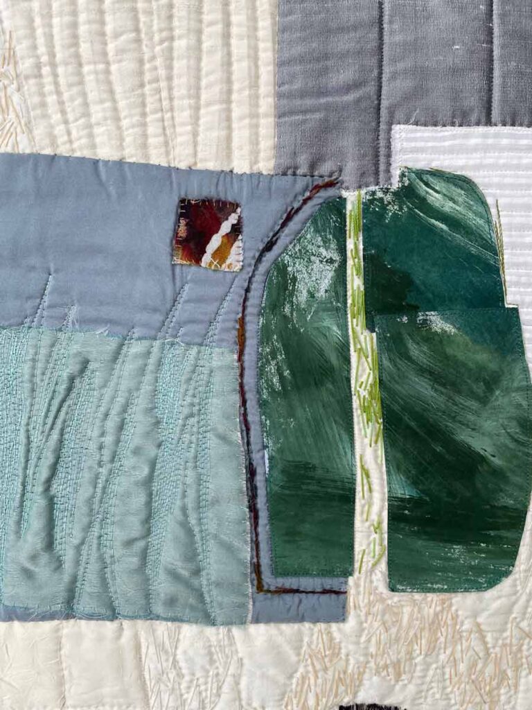 One Mossy Stone, detail Quilted and embroidered textile collage