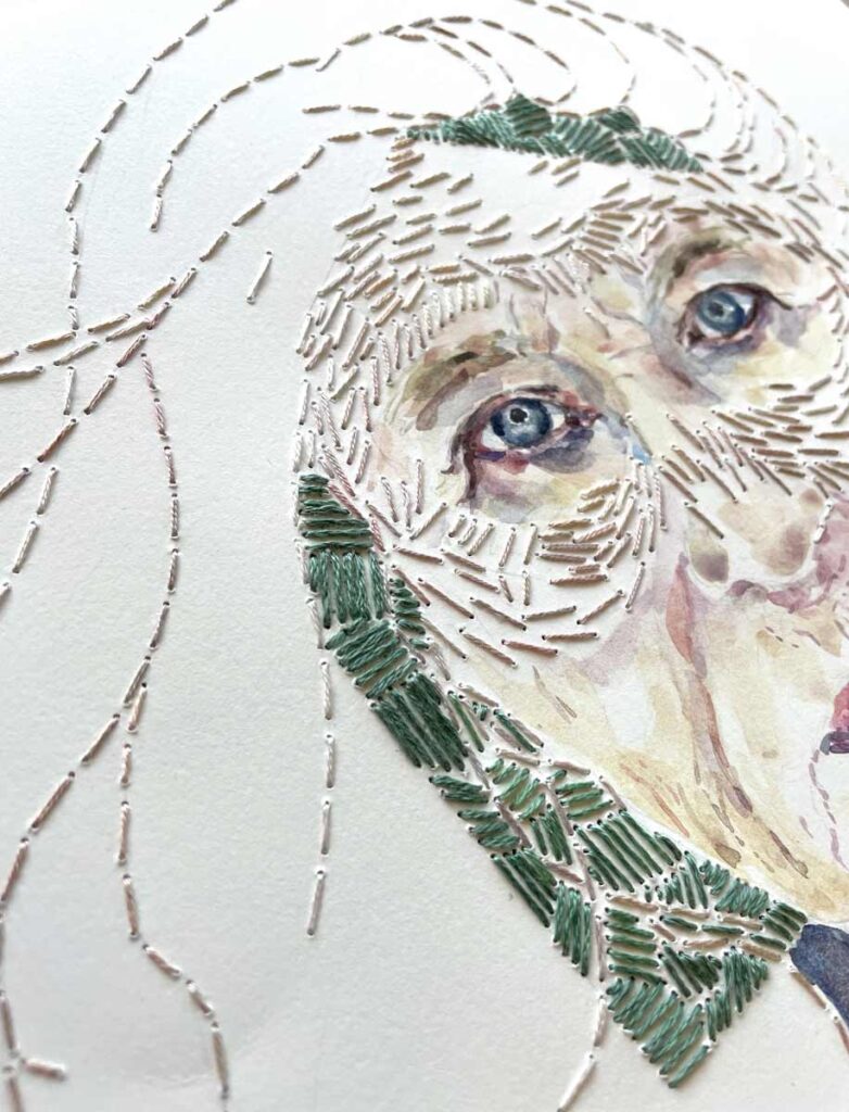 Embroidered and watercolor portrait work in progress