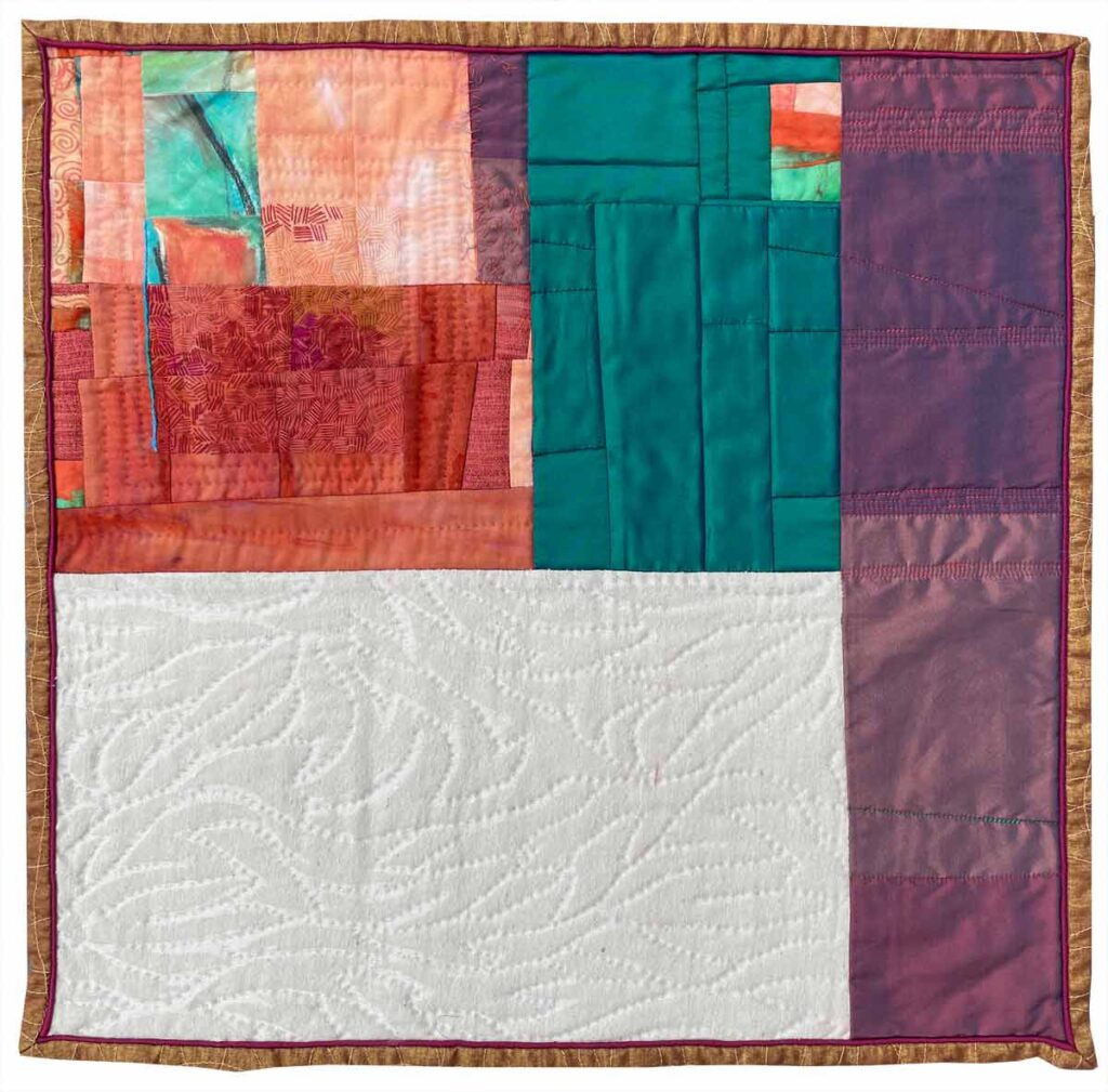 Compartmentalized art quilt embroidered oil pastel
