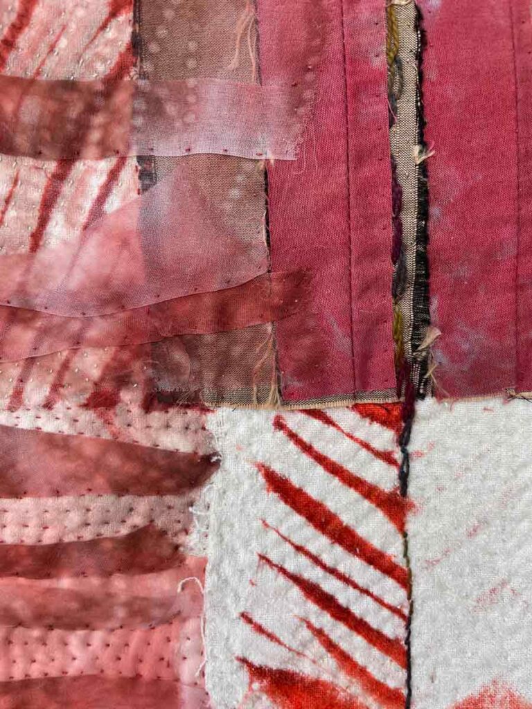 Stack, detail, textile collage, quilting, embroidery, applique, dye