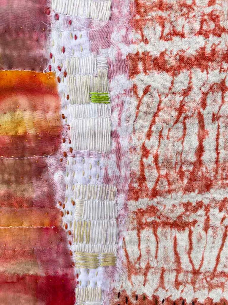 Stand detail, textile collage, dye, applique, embroidery, quilting