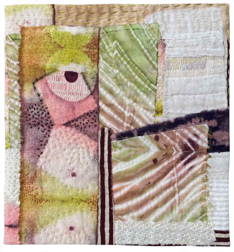 Tumble, textile collage, dye, quilting, embroidery