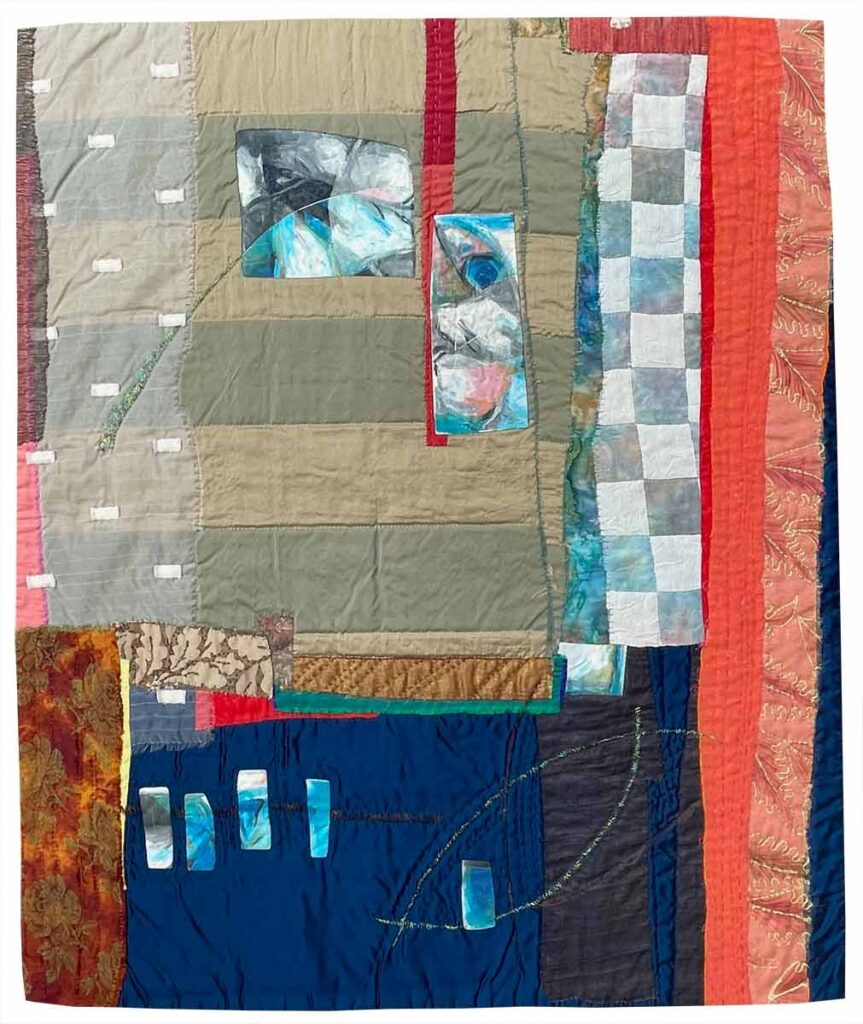 Unexpected Circumstances textile collage, quilted, embroidery, transfer of oil pastel
